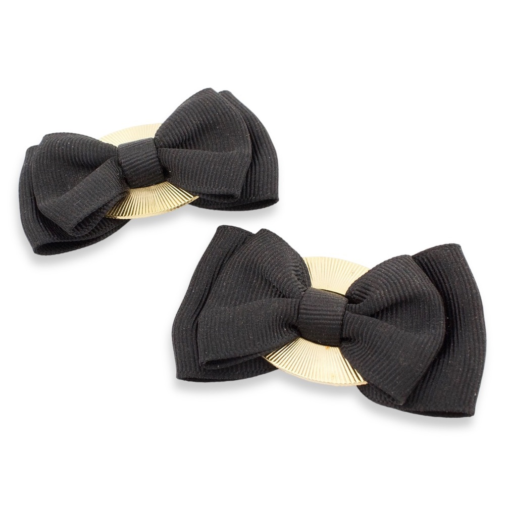 Vintage Black Bow Shoe Clips Gold Tone Metal